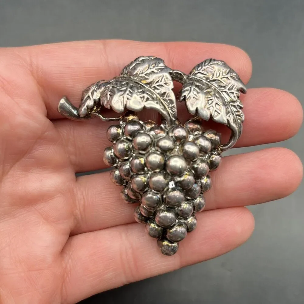 Silver Tone Grape Bunch Brooch Pin Pendant Cluster Signed MJ Marie Jennifer
